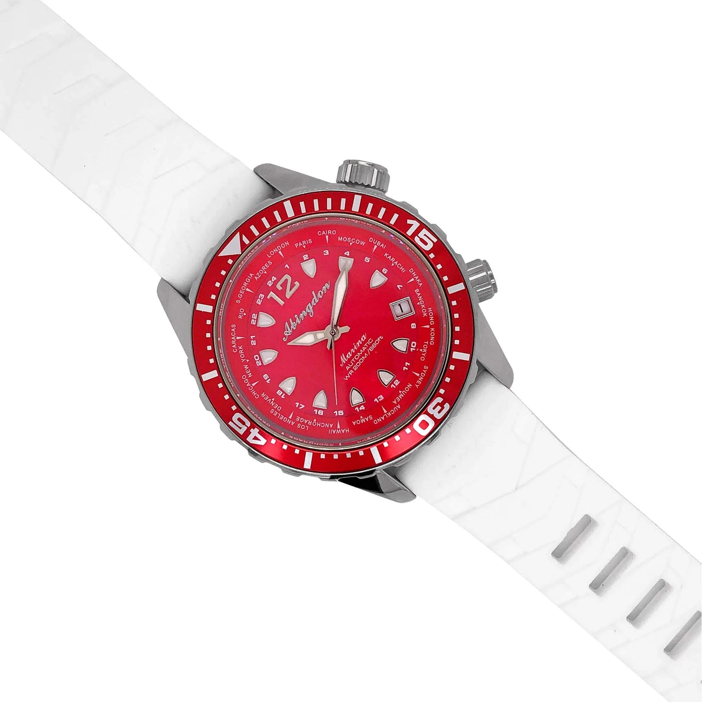 Marina Red Dive Watch Paired with Abingdon 20mm White Silicone Strap