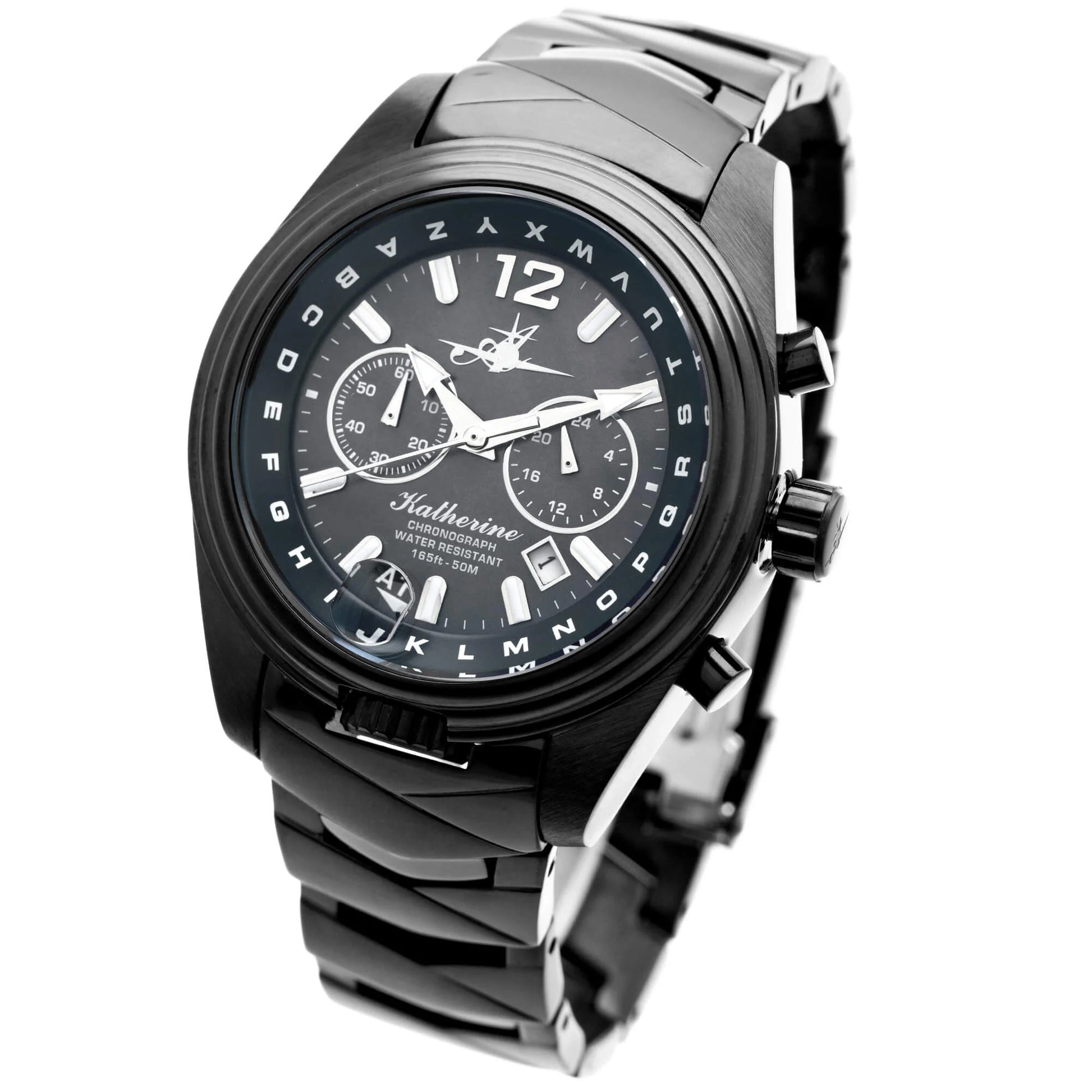 Abingdon Katherine Watch with Black Dial and 20mm Black Stainless Steel Chevron Link Strap