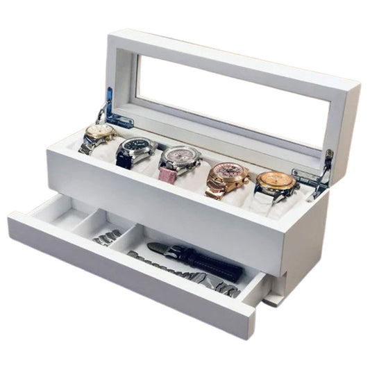 Caywood Collector’s Watch Box – 5 Slot White Wood Display Case with Glass Lid, Nabuka Suede Pillows, and Hidden Drawer for Straps and Links