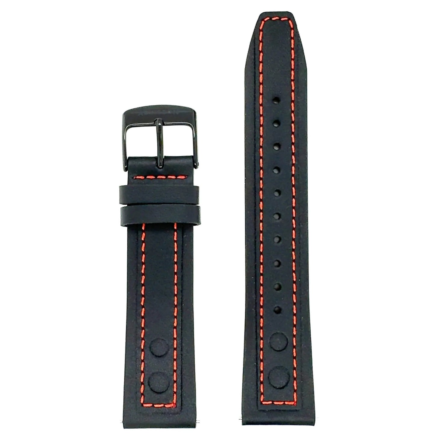 Abingdon 20mm Racing Leather Watch Band in Black with Red Stitching and Perforated Tip