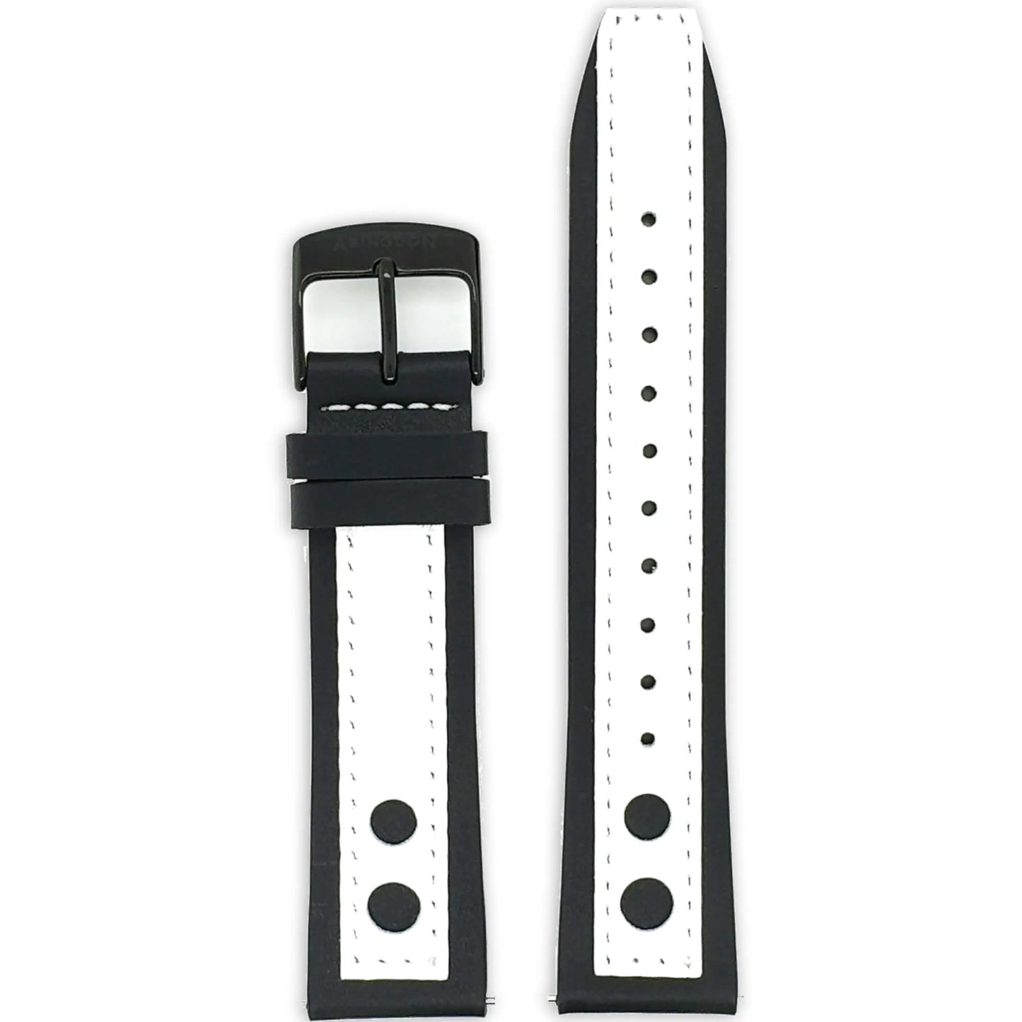 Abingdon 20mm Racing Leather Watch Band in Black and White with White Stitching and Black Buckle