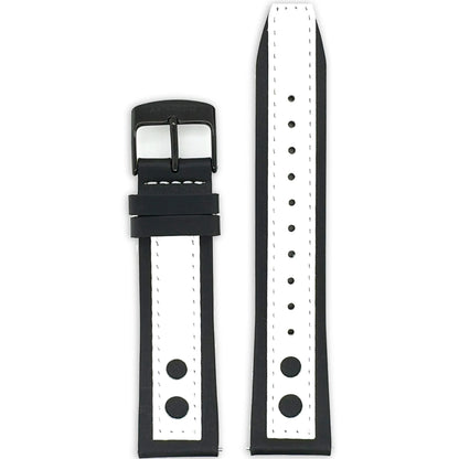 Abingdon 20mm Racing Leather Watch Band in Black and White with White Stitching and Black Buckle
