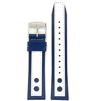 Abingdon 20mm Racing Leather Watch Band in Navy Blue and White with White Stitching and Silver Buckle