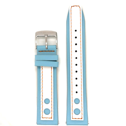 Abingdon 20mm Racing Leather Watch Band in Sky Blue and White with Orange Stitching and Silver Buckle