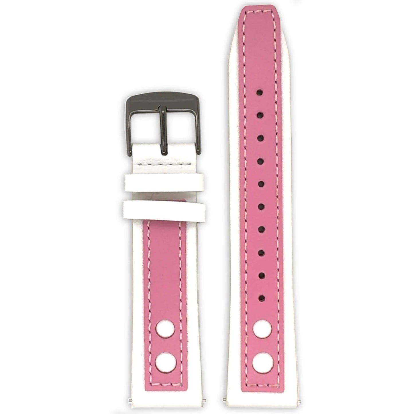 Abingdon 20mm Racing Leather Watch Band in Pink and White with White Stitching and Black Buckle