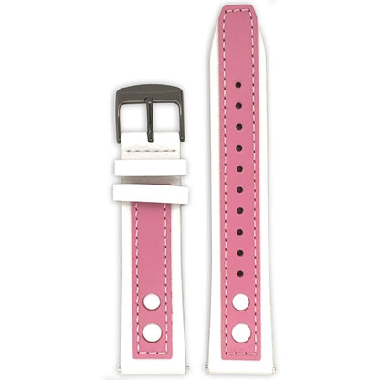 Abingdon 20mm Racing Leather Watch Band in Pink and White with White Stitching and Black Buckle