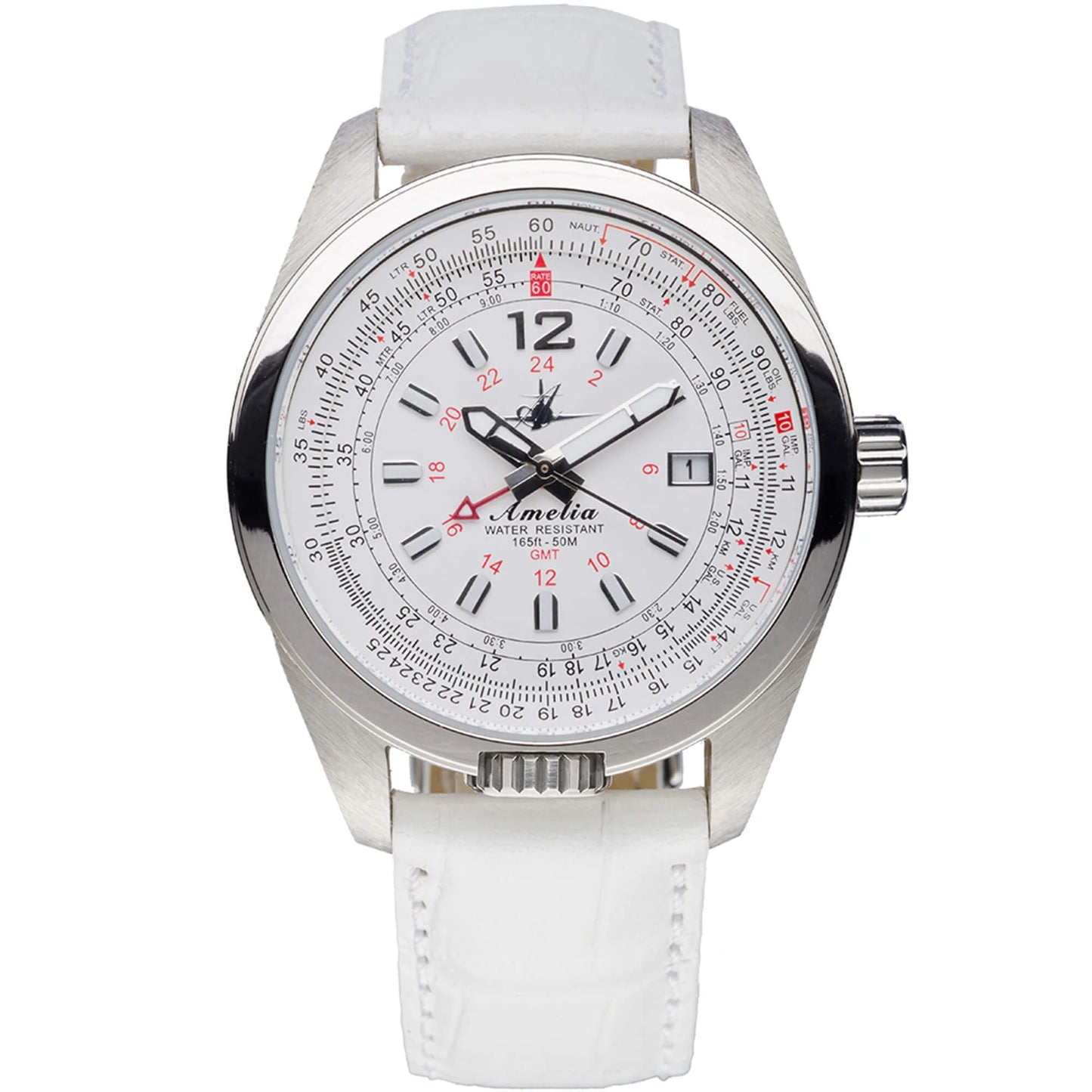 Amelia Women's Pilot Watch with Cloud White Dial, White Leather Band, GMT Function, E6B Flight Bezel, and Swiss Quartz Movement
