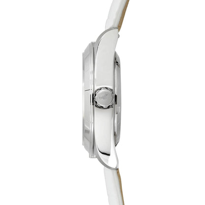 Side Profile of Amelia Women's Pilot Watch with Cloud White Leather Strap and Polished Stainless Steel Case – Analog Quartz GMT Movement