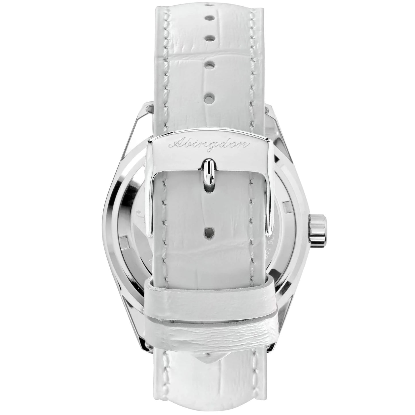Back View of Amelia Women's Pilot Watch Featuring Cloud White Leather Strap, Stainless Steel Buckle, and Engraved Abingdon Logo