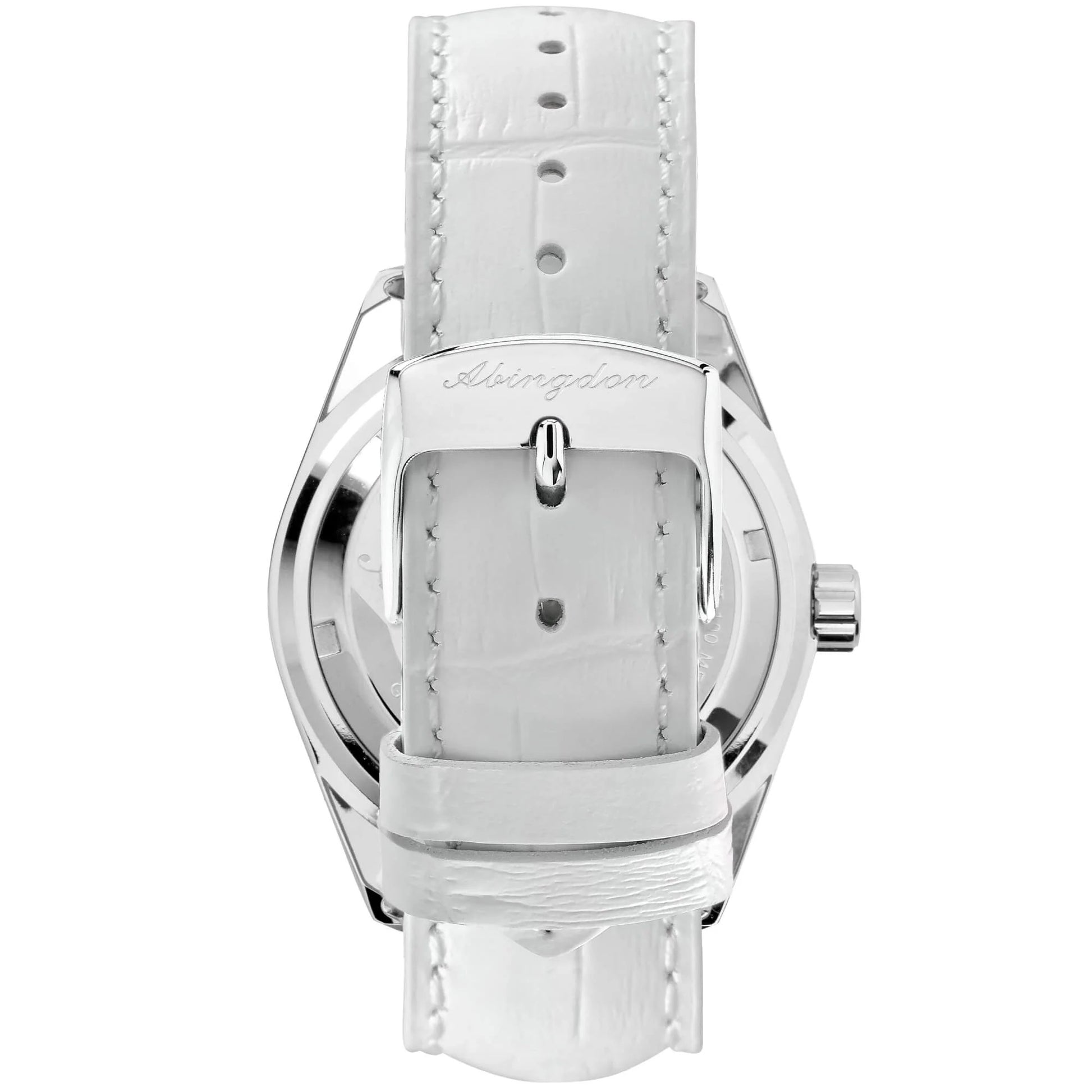 Back View of Amelia Women's Pilot Watch Featuring Cloud White Leather Strap, Stainless Steel Buckle, and Engraved Abingdon Logo