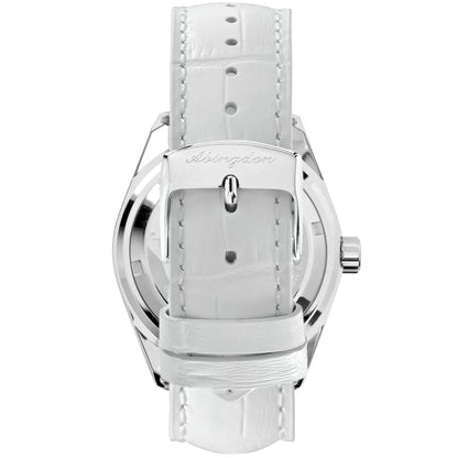 Back View of Amelia Women's Pilot Watch Featuring Cloud White Leather Strap, Stainless Steel Buckle, and Engraved Abingdon Logo