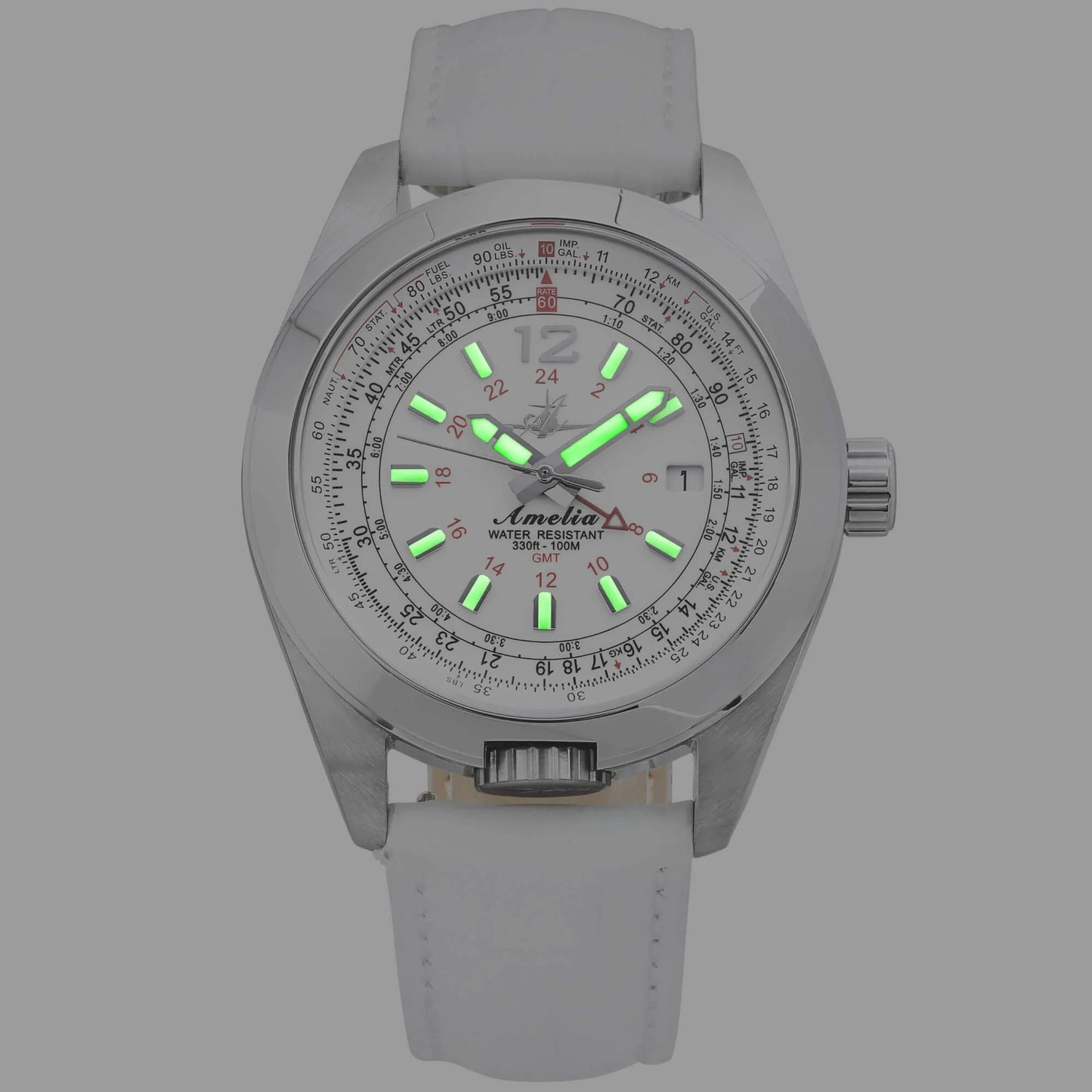 Amelia Women's Pilot Watch with Cloud White Dial, White Leather Strap, Glowing Super-Luminova Hands and Markers, and E6B Flight Bezel at Night