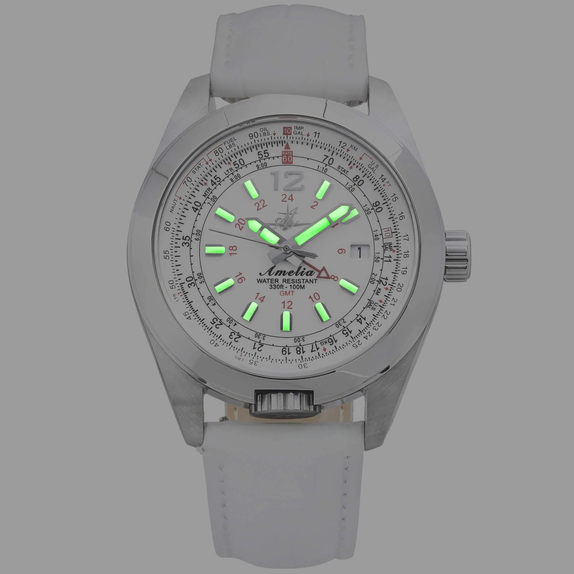 Amelia Women's Pilot Watch with Cloud White Dial, White Leather Strap, Glowing Super-Luminova Hands and Markers, and E6B Flight Bezel at Night