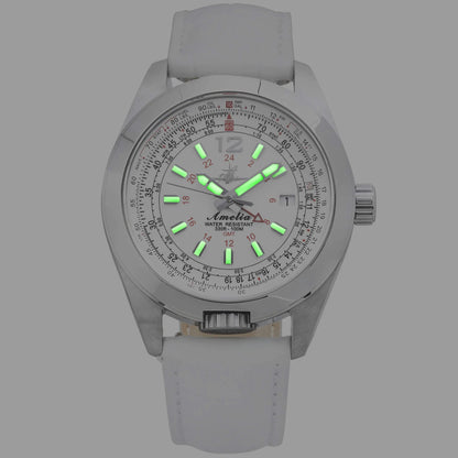 Amelia Women's Pilot Watch with Cloud White Dial, White Leather Strap, Glowing Super-Luminova Hands and Markers, and E6B Flight Bezel at Night