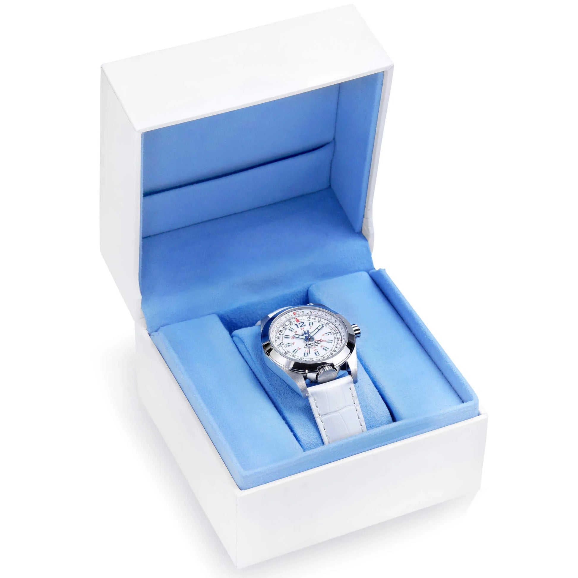 Amelia Women's Pilot Watch in Cloud White with Leather Strap Displayed in Blue Velvet-Lined Gift Box