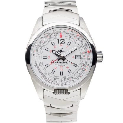 Amelia Women's Pilot Watch with Cloud White Dial, Stainless Steel Band, GMT Dual Time Zone, and Analog Quartz Movement by Abingdon Co.