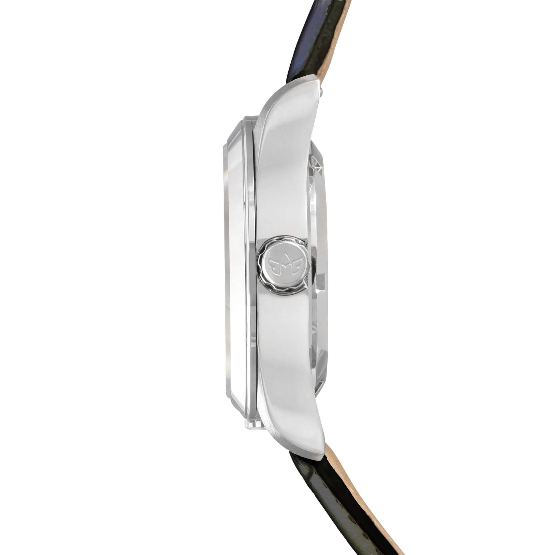 Side View of Amelia Women’s GMT Pilot Watch with Runway Black Dial, Stainless Steel Case, and Black Leather Band – Abingdon Co.