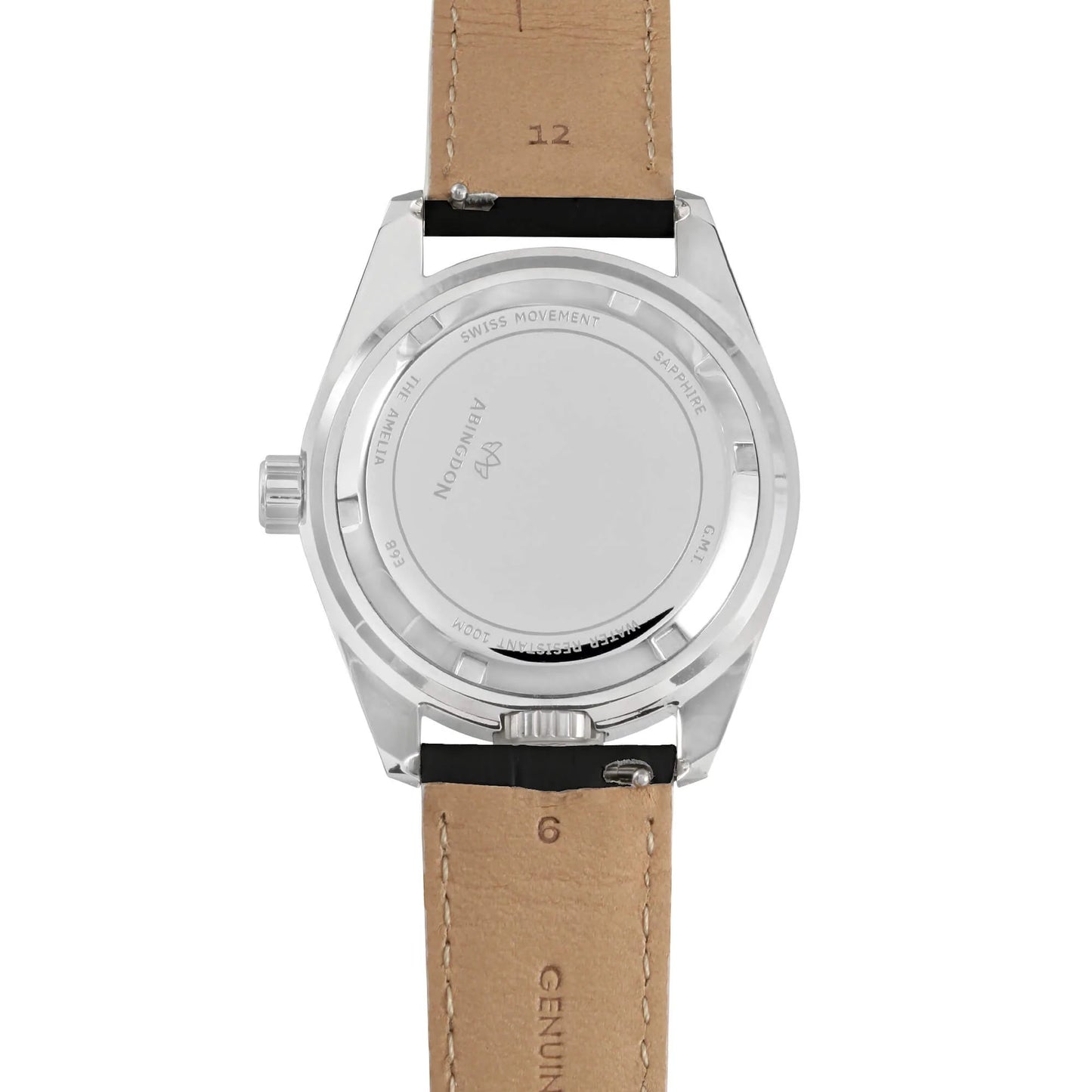 Caseback of Amelia Runway Black Leather GMT Pilot Watch Featuring Stainless Steel Case, 10 ATM Water Resistance, and Swiss Quartz Movement – Abingdon Co.