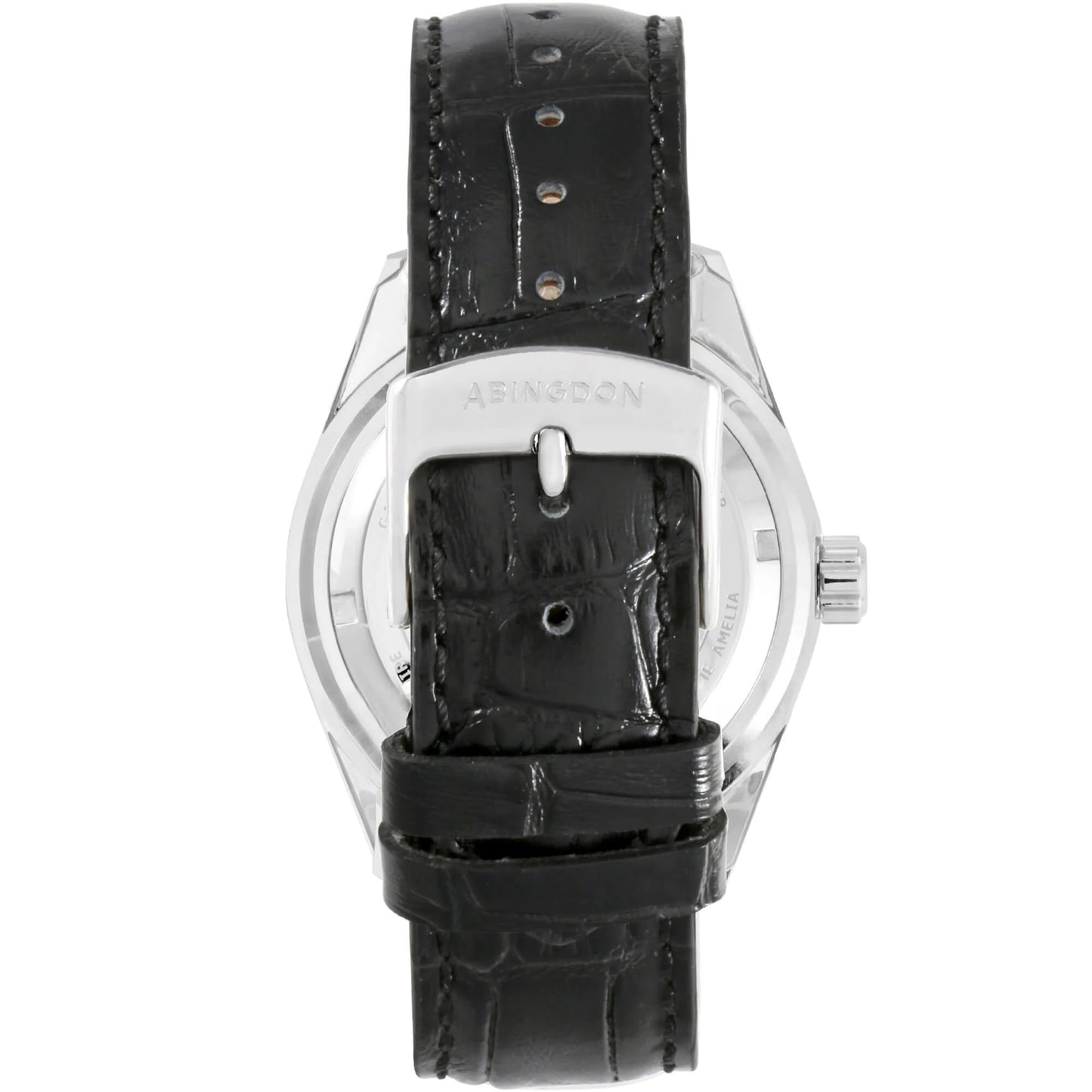 Back View of Amelia Women’s GMT Pilot Watch with Runway Black Leather Strap, Stainless Steel Case, and Buckle Clasp – Abingdon Co.
