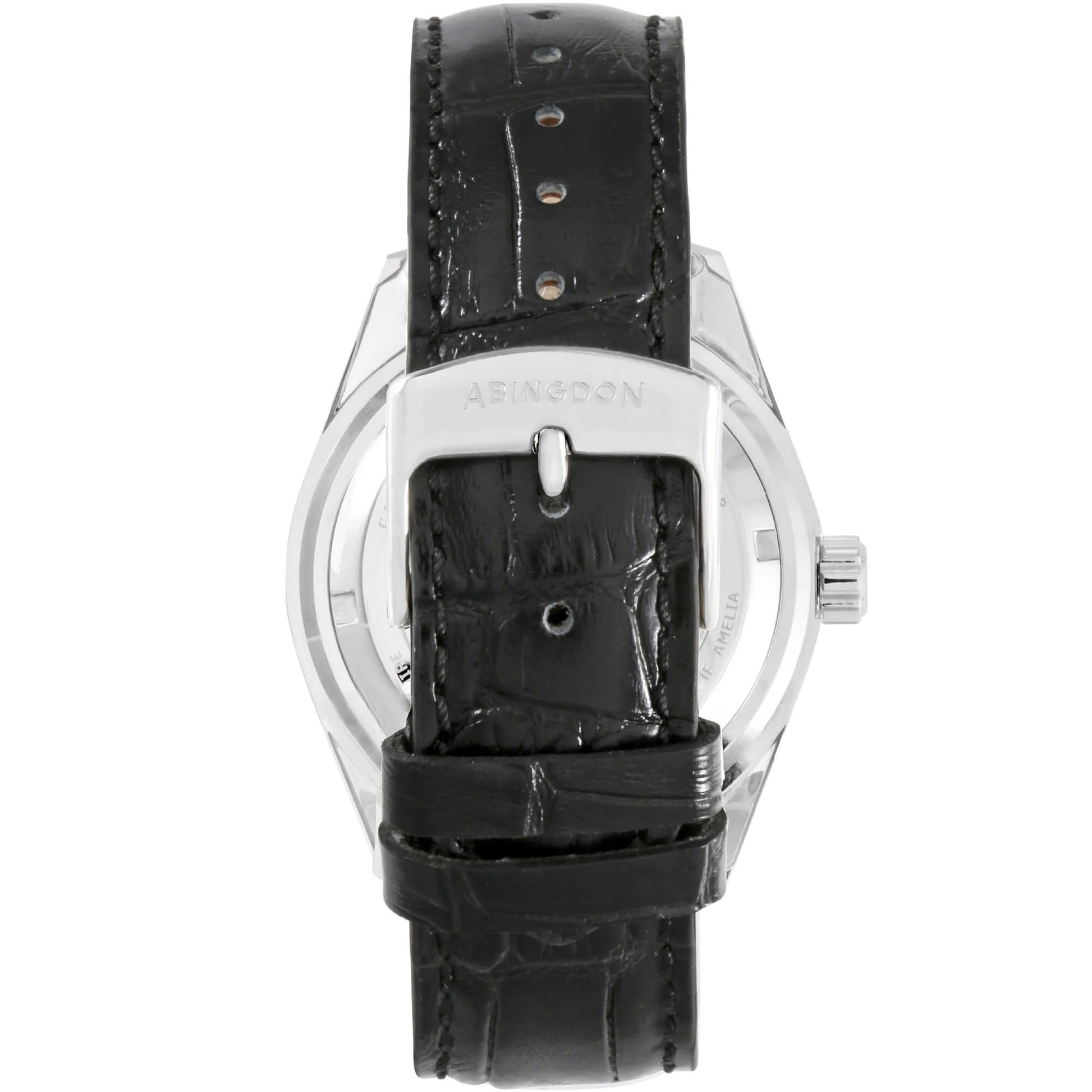 Back View of Amelia Women’s GMT Pilot Watch with Runway Black Leather Strap, Stainless Steel Case, and Buckle Clasp – Abingdon Co.
