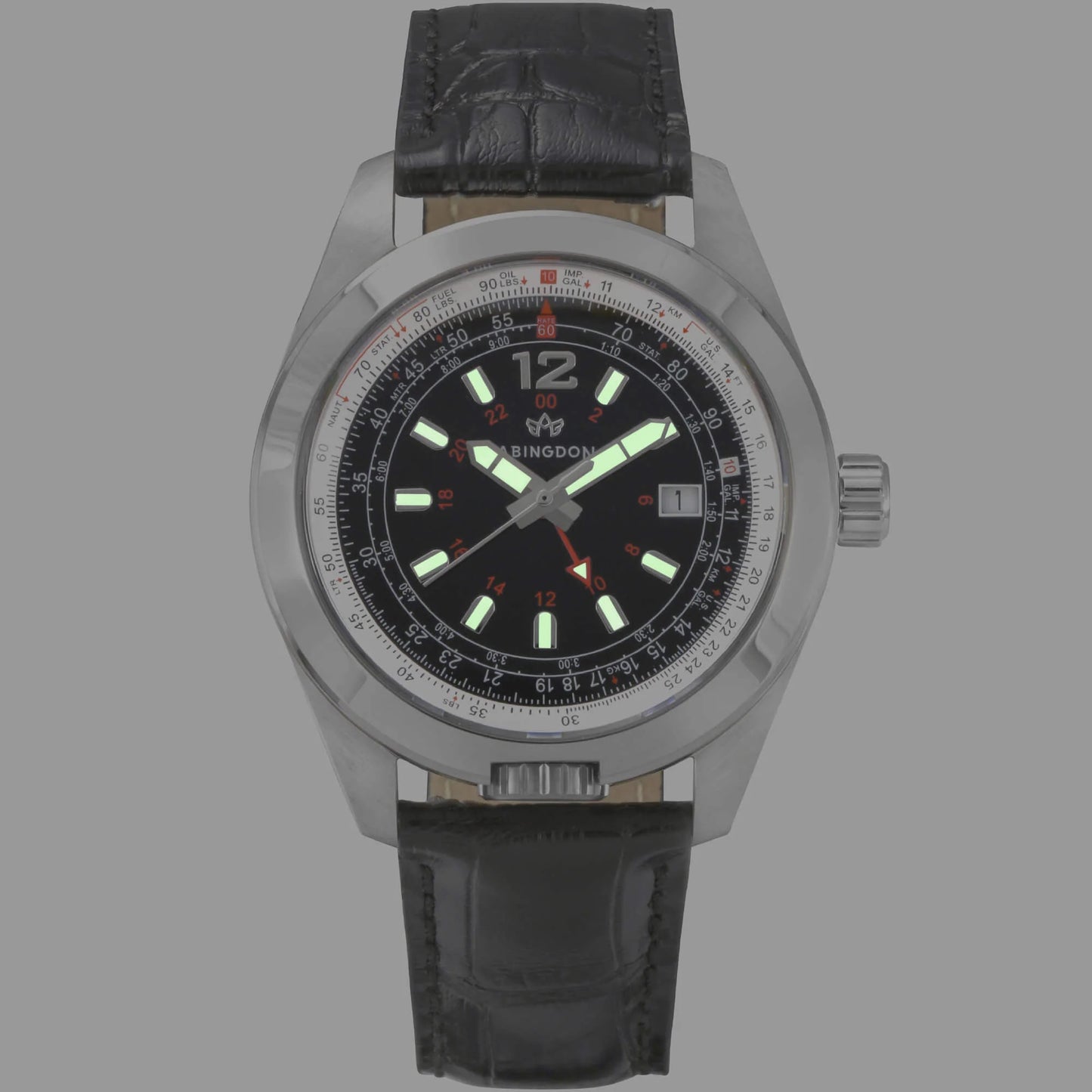 Amelia Women’s Pilot Watch with Runway Black Dial, Super-Luminova Hands and Index, Black Leather Band, and Stainless Steel Case by Abingdon Co.