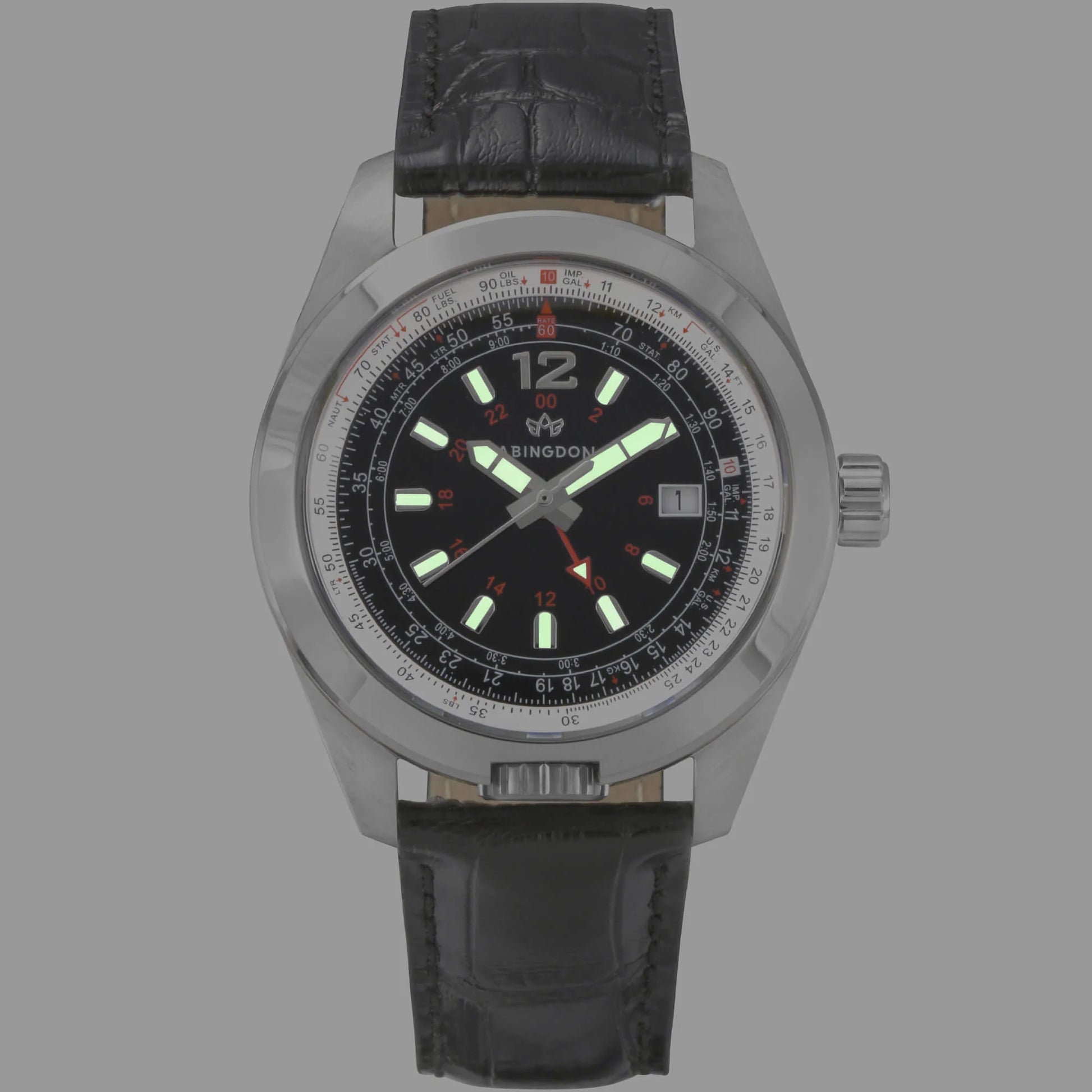 Amelia Women’s Pilot Watch with Runway Black Dial, Super-Luminova Hands and Index, Black Leather Band, and Stainless Steel Case by Abingdon Co.