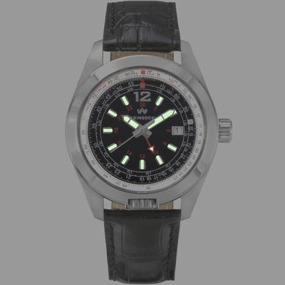 Amelia Women’s Pilot Watch with Runway Black Dial, Super-Luminova Hands and Index, Black Leather Band, and Stainless Steel Case by Abingdon Co.