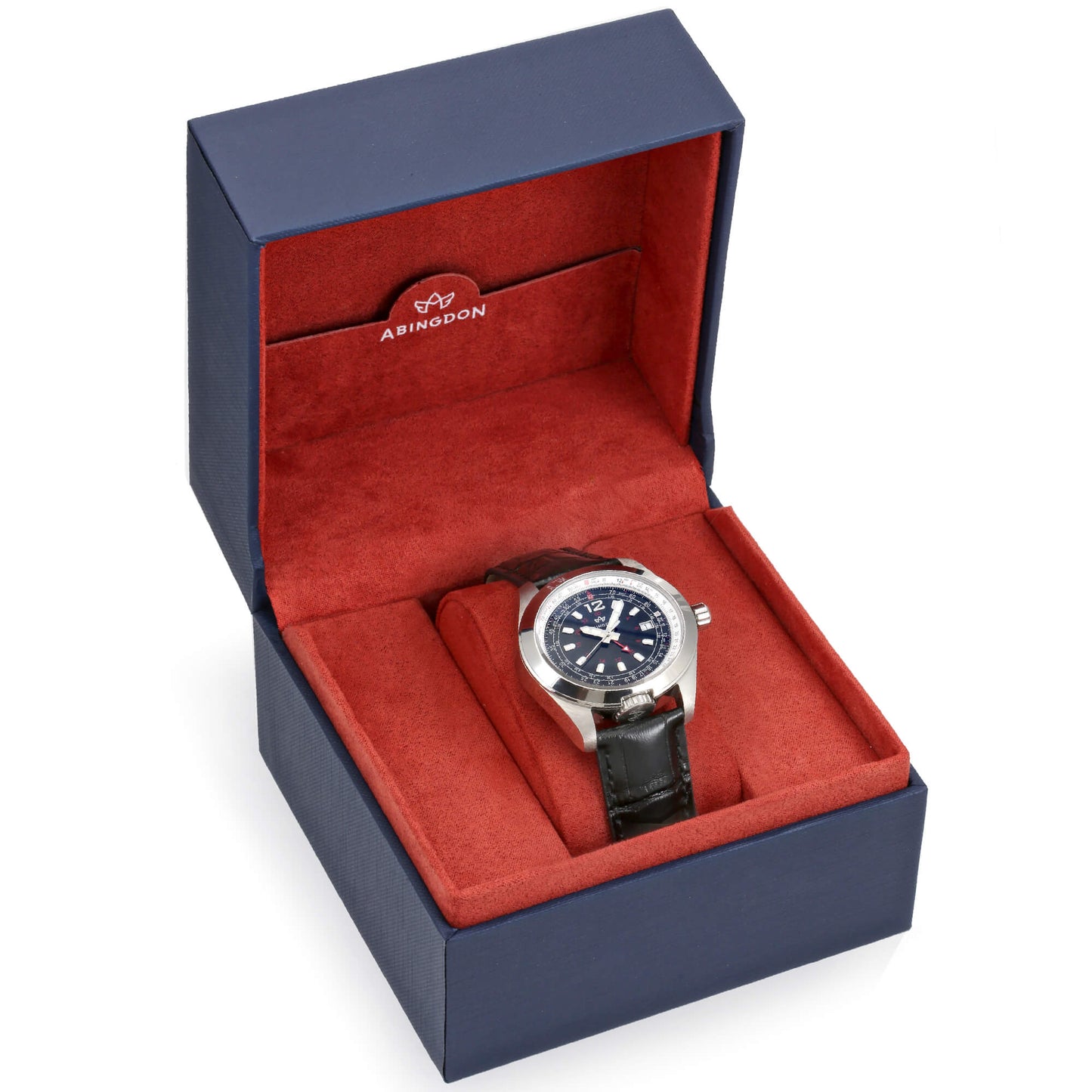 Amelia Runway Black Leather GMT Pilot Watch by Abingdon Co. Displayed in Red and Navy Presentation Box with Stainless Steel Case and White Accents