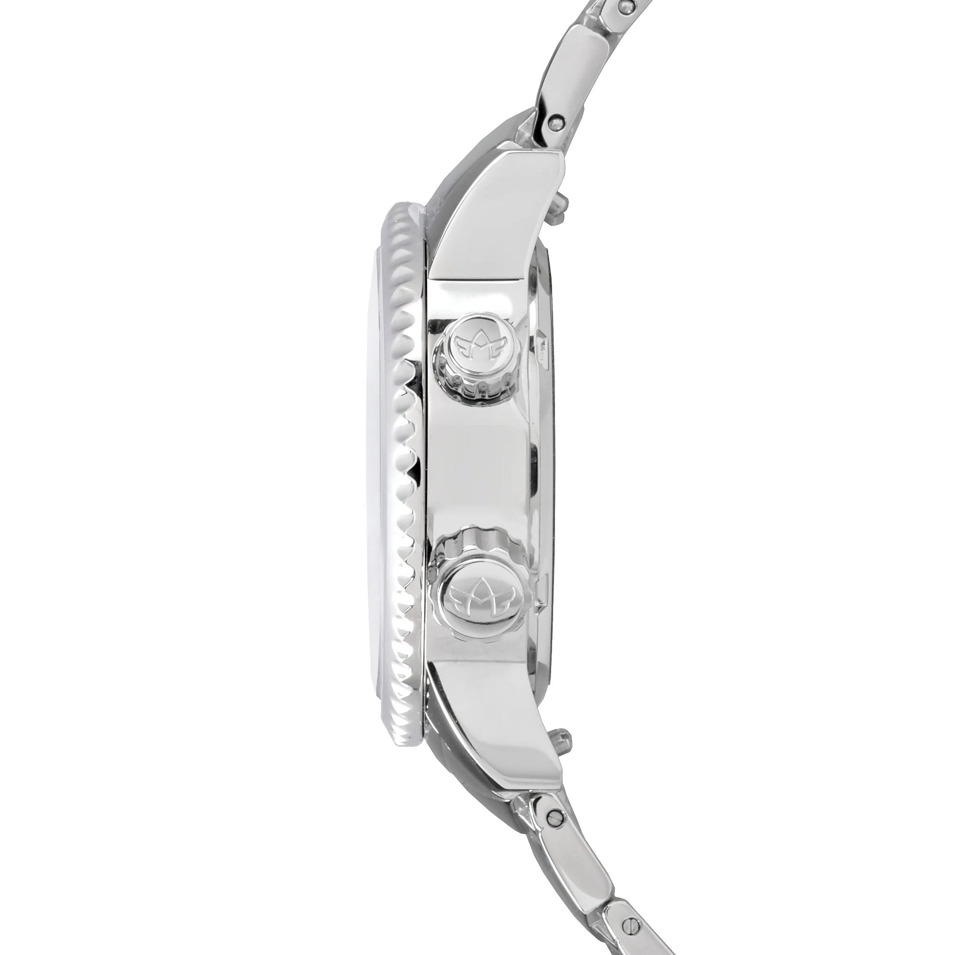 Side profile of Elise Women’s GMT Athenian Silver Watch with Stainless Steel Case