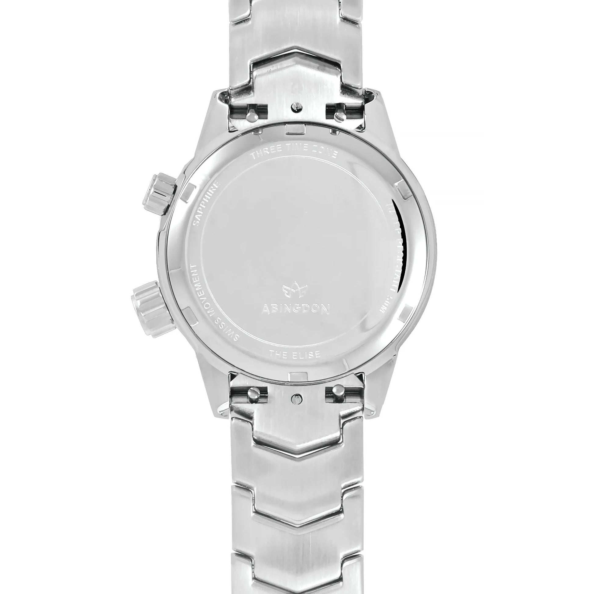 Case back of Elise Women’s Athenian Silver Watch showing Swiss Movement and Branding