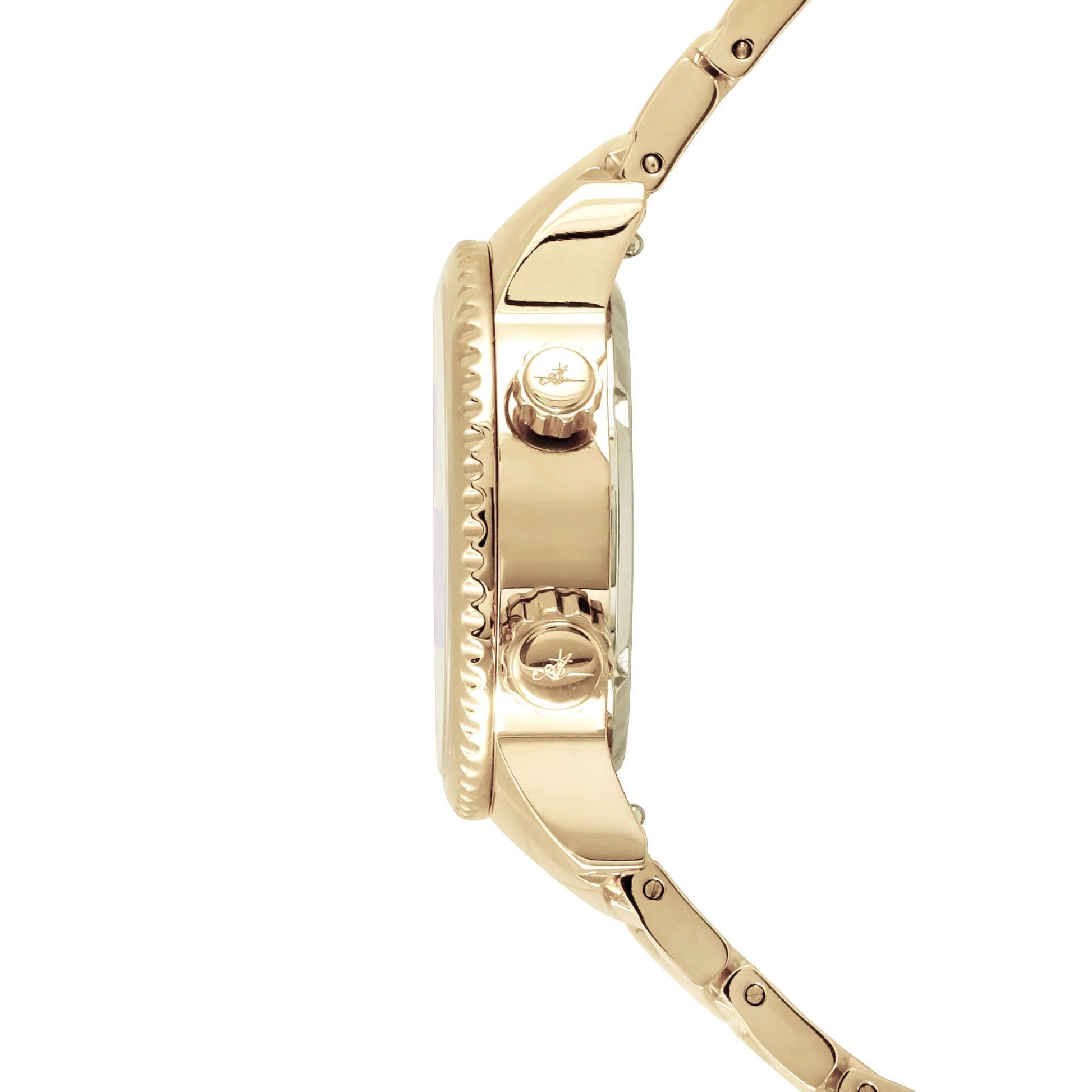 Side View of Elise Egyptian Gold Watch Showing Dual Crown and Polished Gold Case