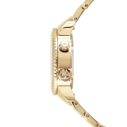 Side View of Elise Egyptian Gold Watch Showing Dual Crown and Polished Gold Case
