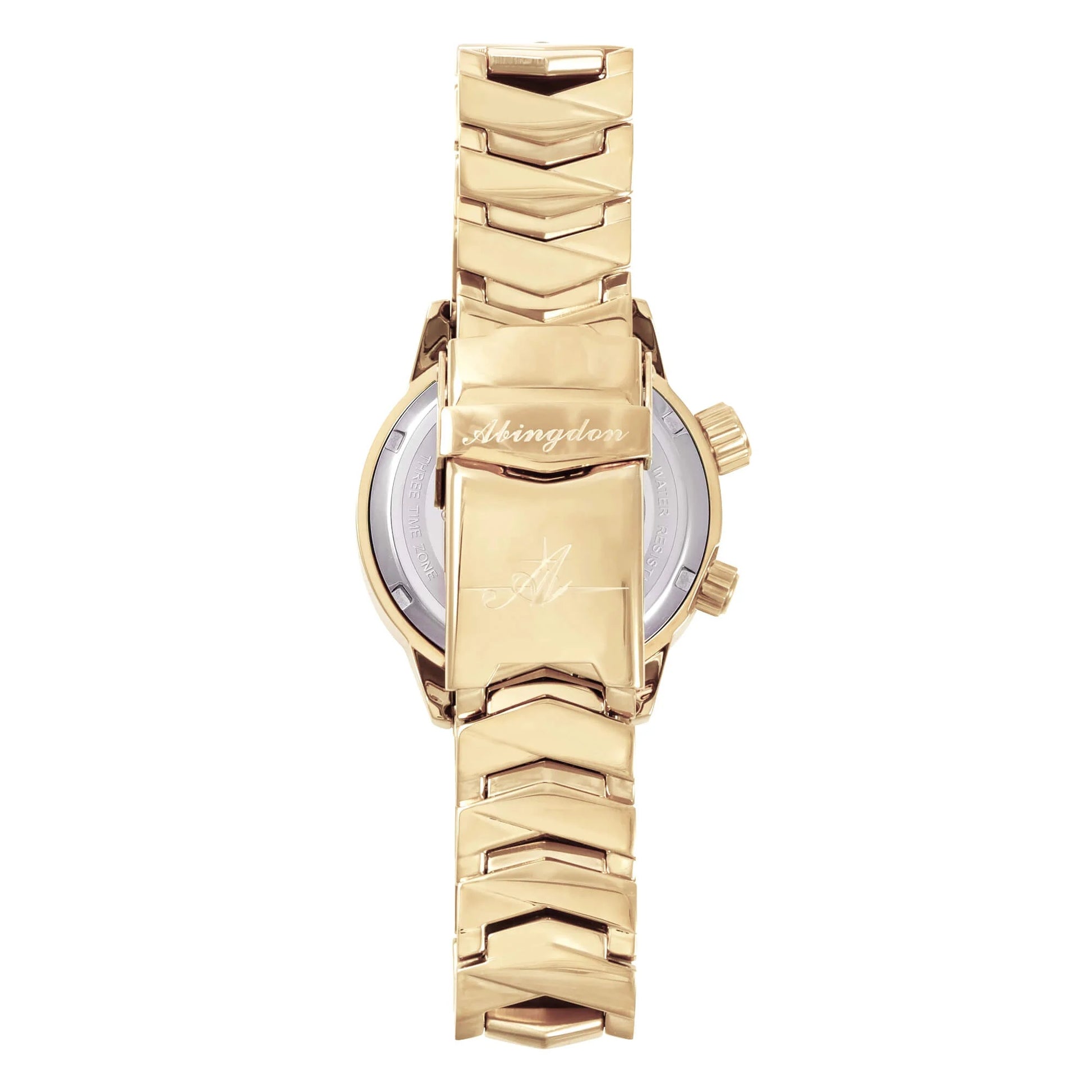 Back and Clasp of Elise Egyptian Gold Watch Featuring Abingdon Logo on Gold Bracelet
