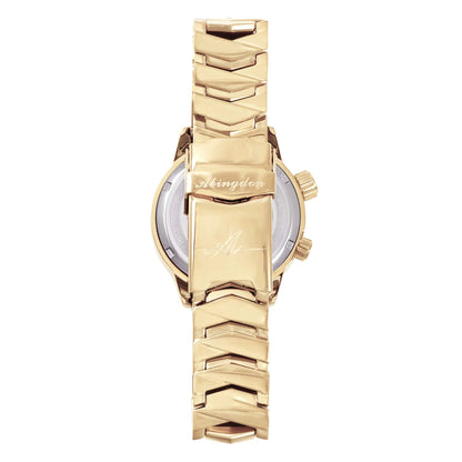 Back and Clasp of Elise Egyptian Gold Watch Featuring Abingdon Logo on Gold Bracelet