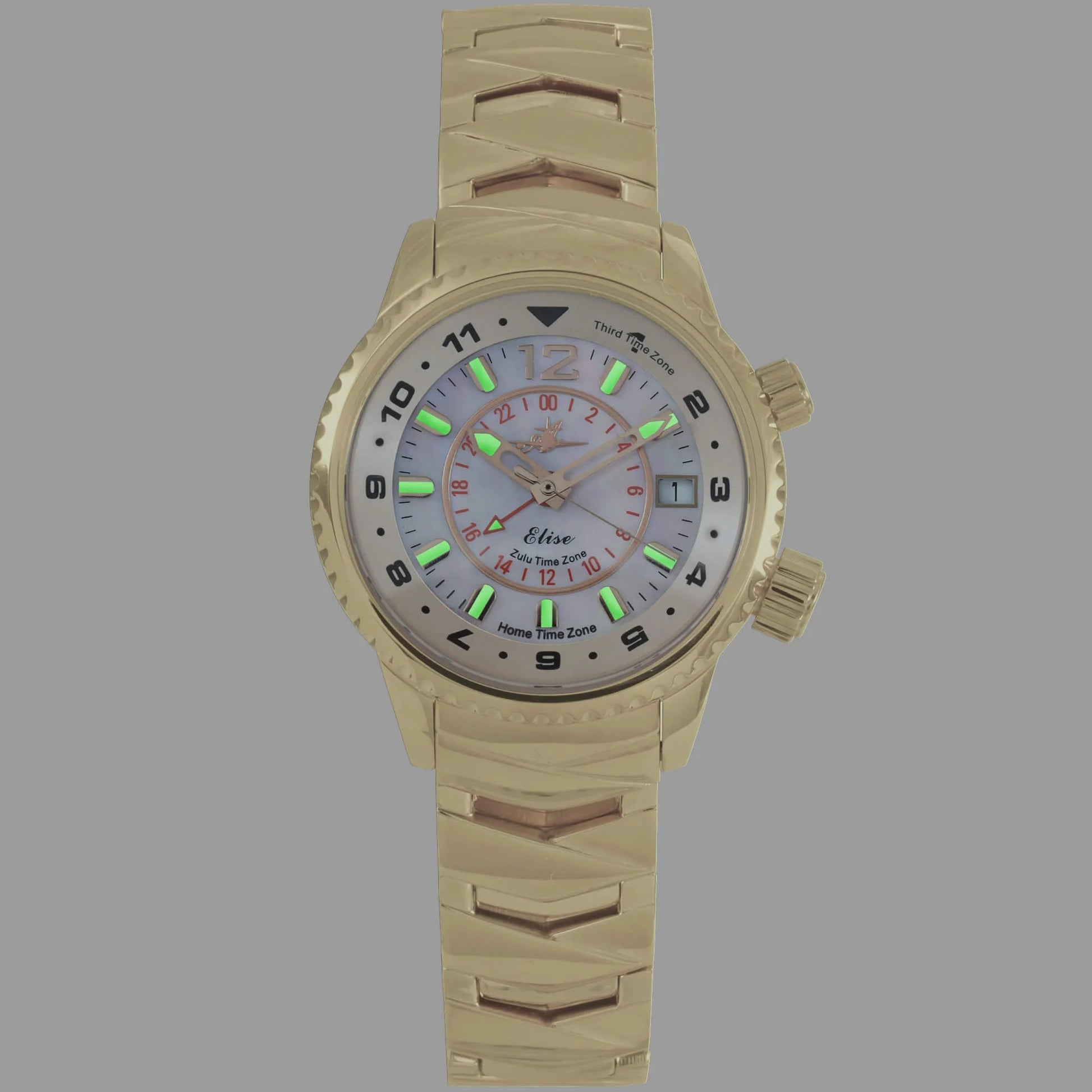Elise Egyptian Gold Watch with Glowing Super-Luminova Hands and Hour Markers in Low Light