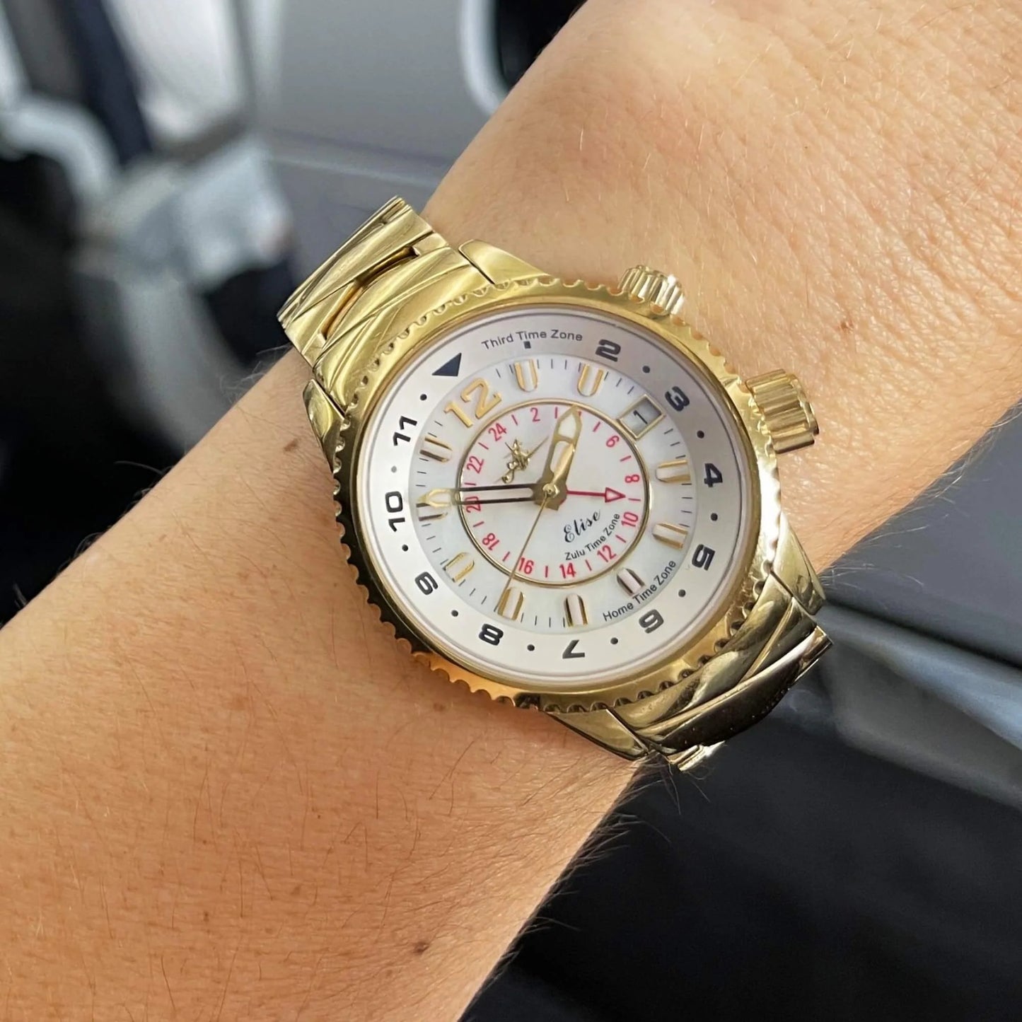 Elise Egyptian Gold Watch on Wrist – Elegant Aviation-Inspired Timepiece for Women