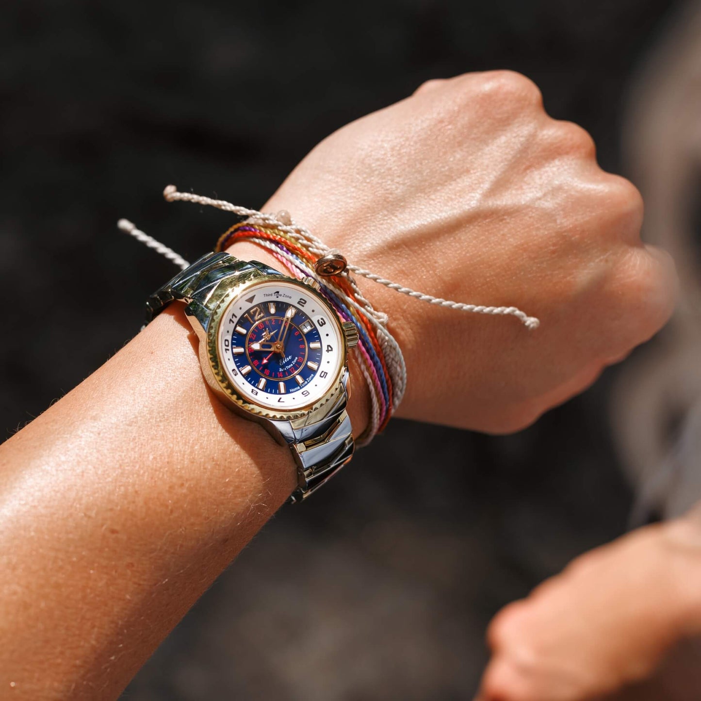 Elise Midnight Blue Dial Two-Tone Watch on Wrist Paired with Colorful String Bracelets