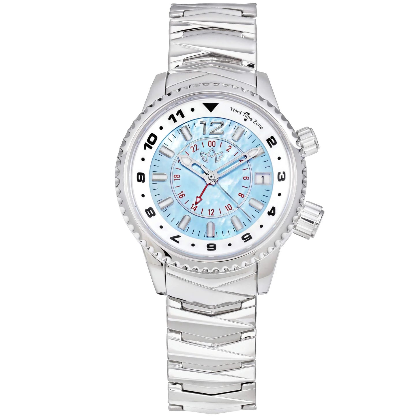 Front view of the Elise Women’s North Star Watch in Sky Blue with mother-of-pearl dial and stainless steel bracelet.