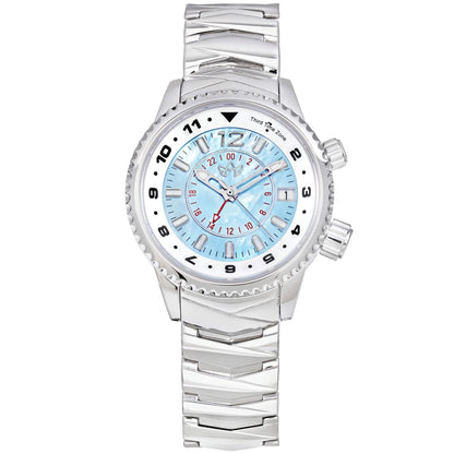 Front view of the Elise Women’s North Star Watch in Sky Blue with mother-of-pearl dial and stainless steel bracelet.
