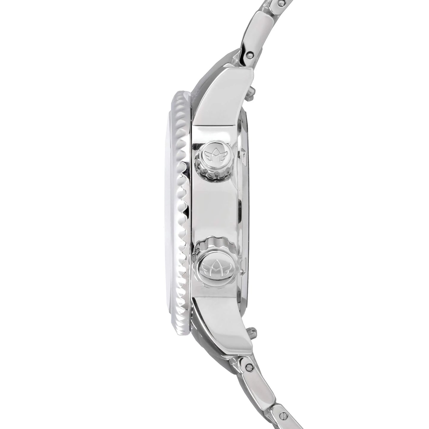 Side profile of Elise North Star Sky Blue watch displaying case thickness and engraved crown details.