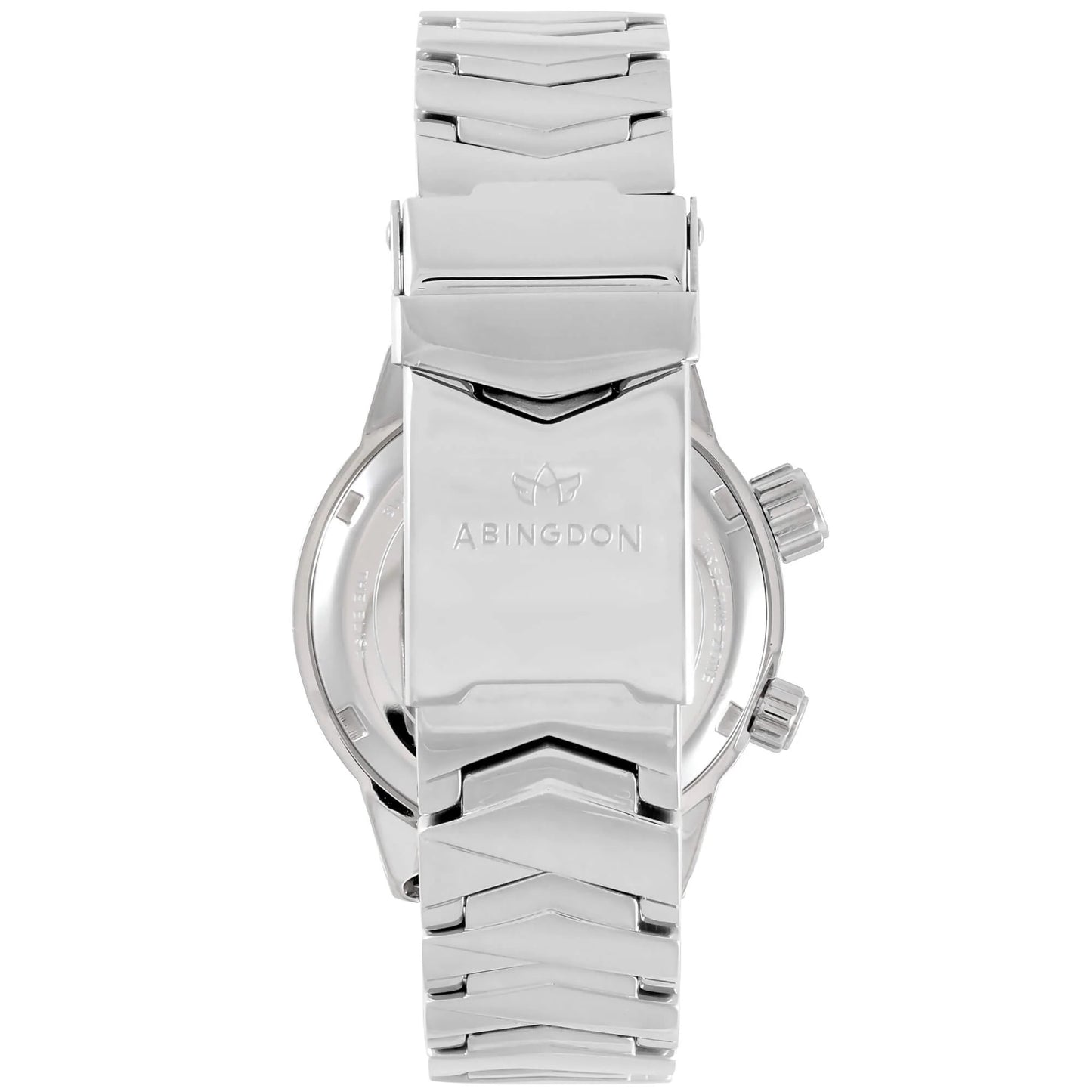 Stainless steel clasp of the Elise North Star Sky Blue watch with Abingdon Co. logo.