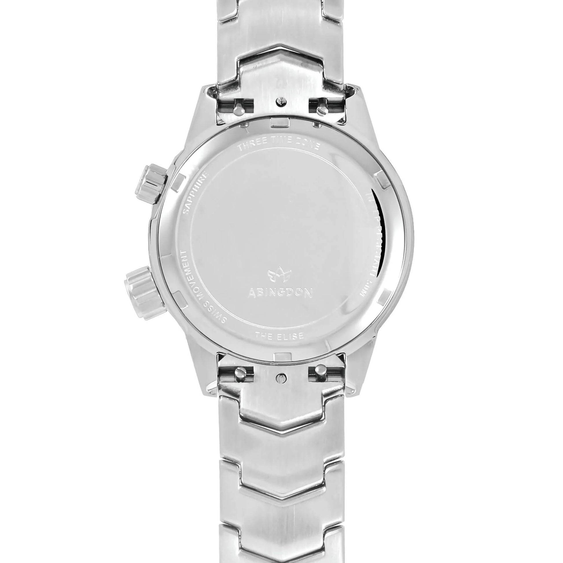 Back view of the Elise women’s North Star GMT watch showing engraved case and bracelet attachment.