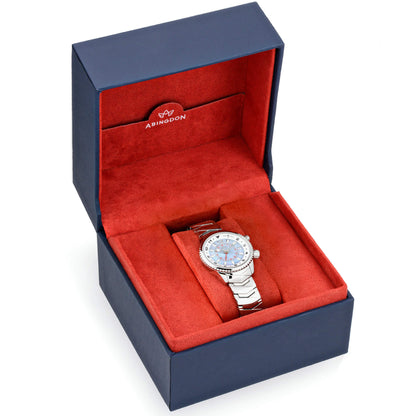 Elise North Star Sky Blue watch presented in Abingdon Co. luxury red and navy gift box.