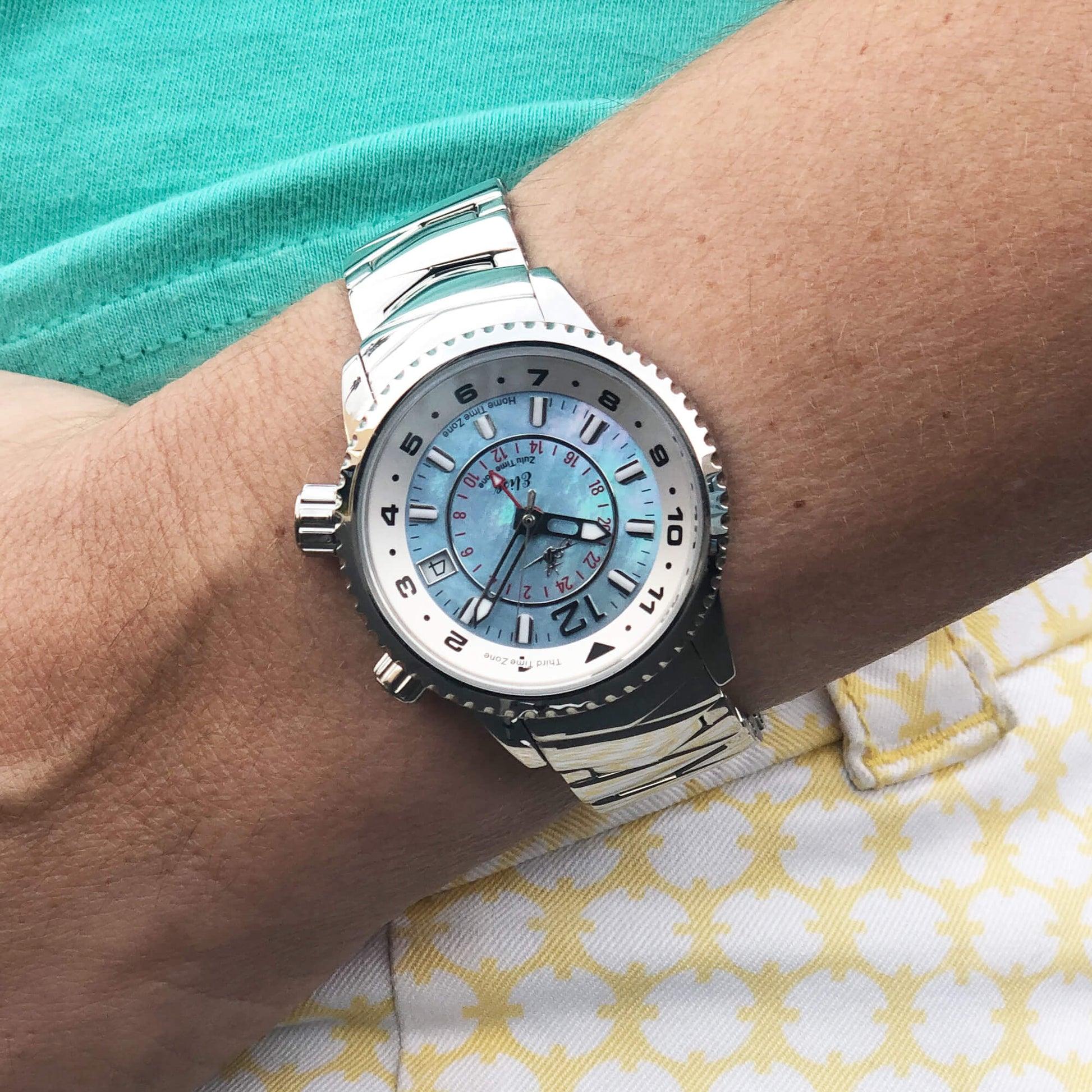 Elise North Star Sky Blue women’s GMT watch worn on wrist, showing size and fit with stainless steel band.