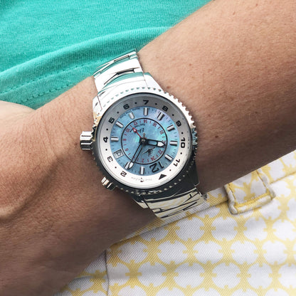 Elise North Star Sky Blue women’s GMT watch worn on wrist, showing size and fit with stainless steel band.