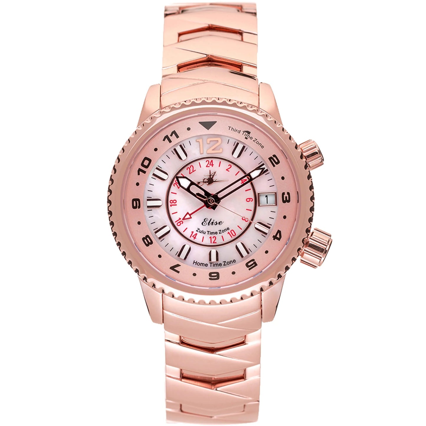 Elise Rosy women’s watch with rose gold stainless steel bracelet, mother-of-pearl dial, and triple time zone display.