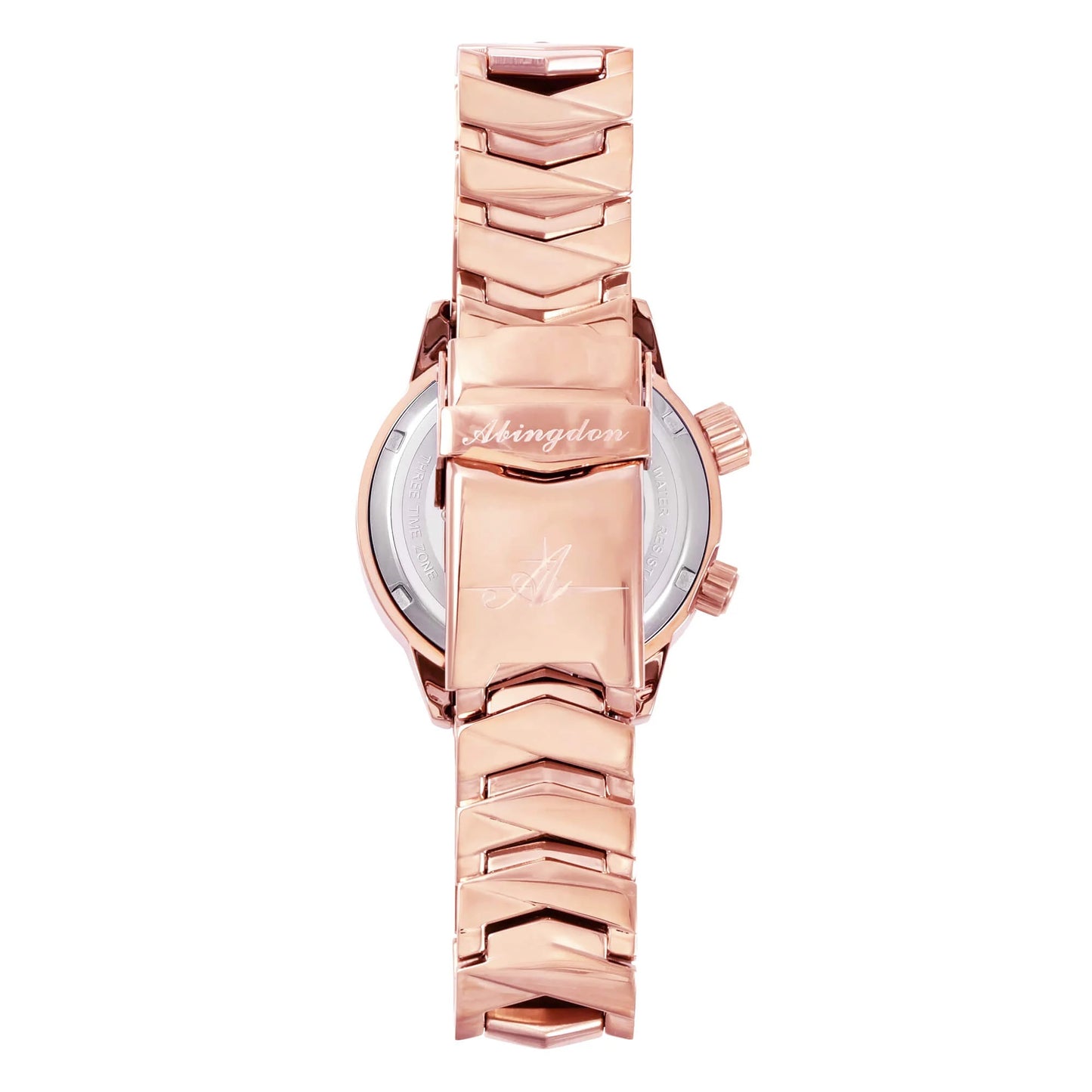 Back of the Elise Rosy watch with engraved Abingdon logo and polished rose gold bracelet.