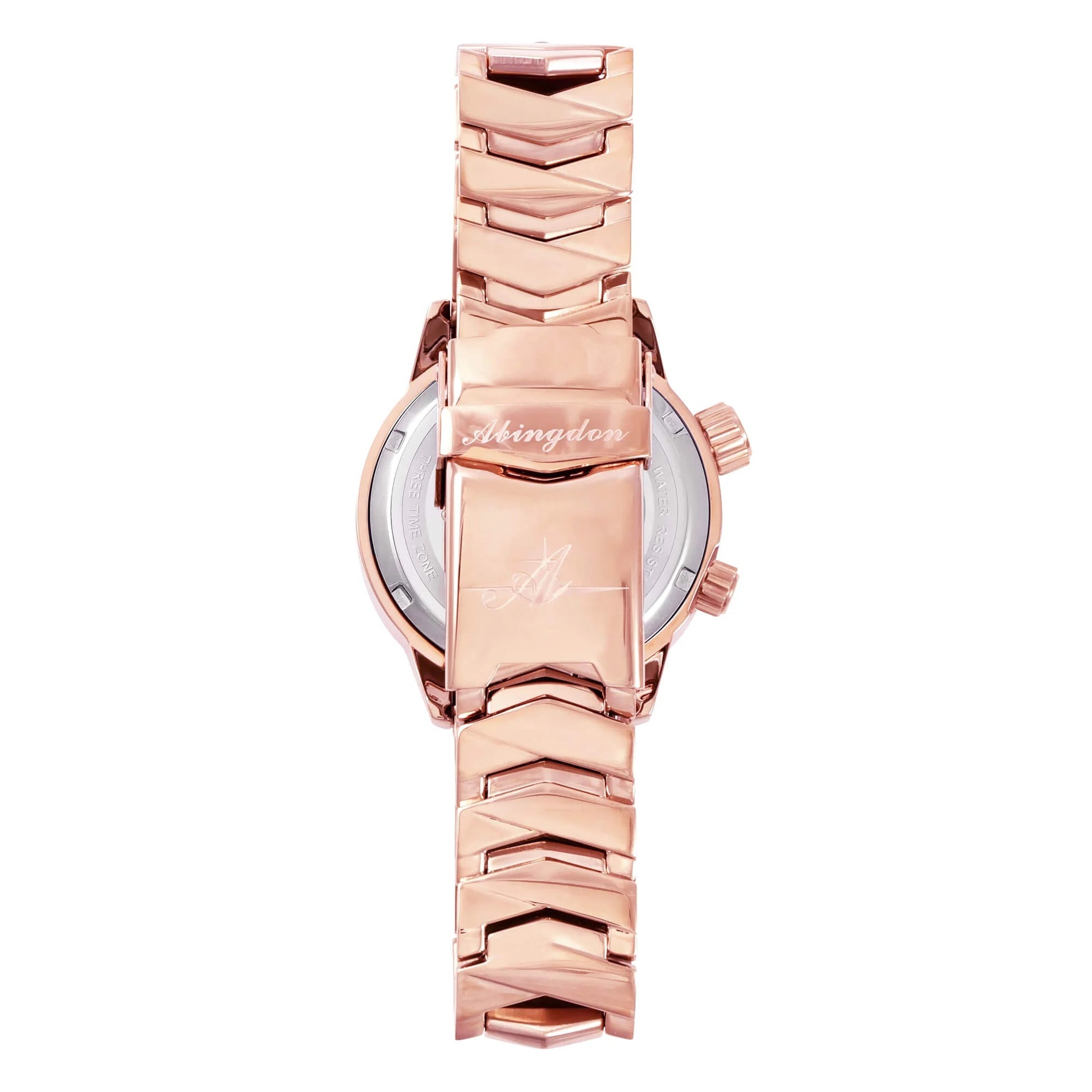Back of the Elise Rosy watch with engraved Abingdon logo and polished rose gold bracelet.