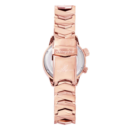 Back of the Elise Rosy watch with engraved Abingdon logo and polished rose gold bracelet.