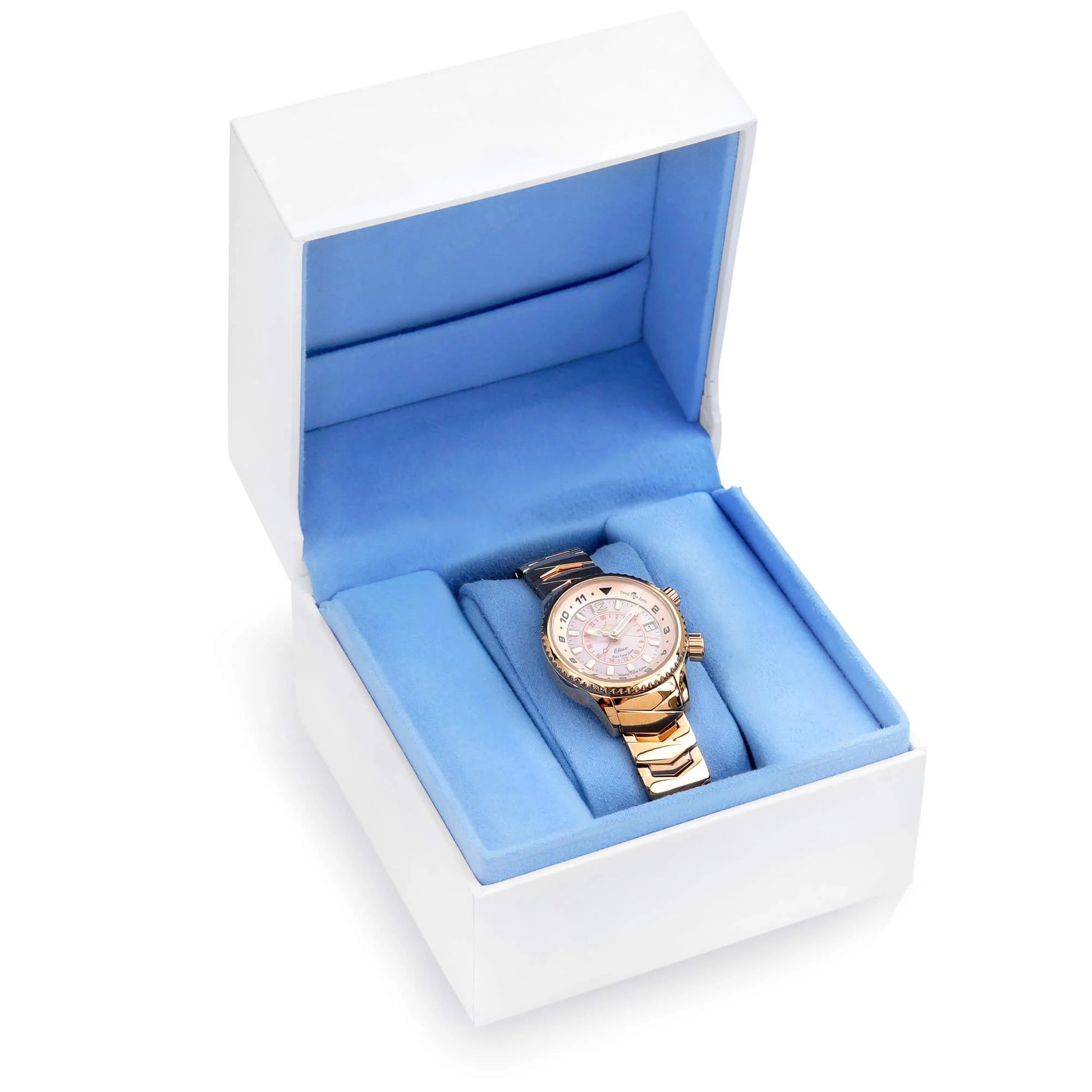 Elise Rosy women’s watch in a white and blue presentation box with soft velvet interior.